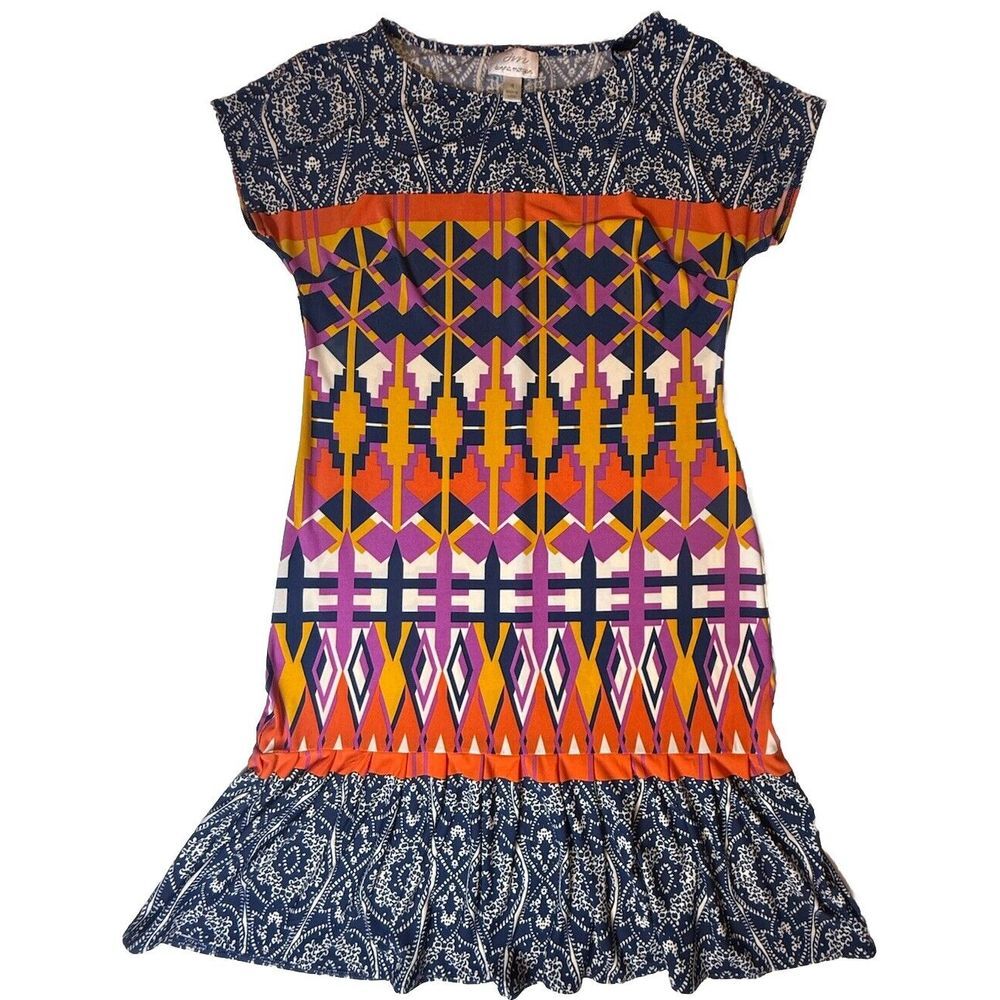 Donna Morgan Dress sz 4 Orange Multi Colored Tribal pattern Soft Nice!-427